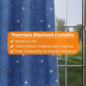 Airplane kids and nursery blackout curtains. Custom, handmade, made to measure curtains. Great for bedrooms and playrooms. Room darkening.