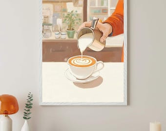 Latte Minimalist Digital Illustration Wall Art, Coffee Shop Decor, Modern Kitchen Print, Barista Art Poster, Warm Toned Cafe Artwork