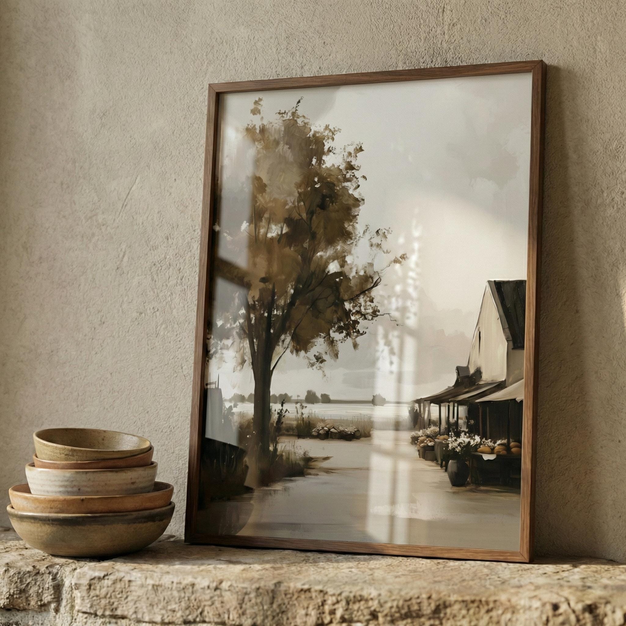 Countryside Landscape Muted Sepia Tones Wall Art, Rustic Farmhouse