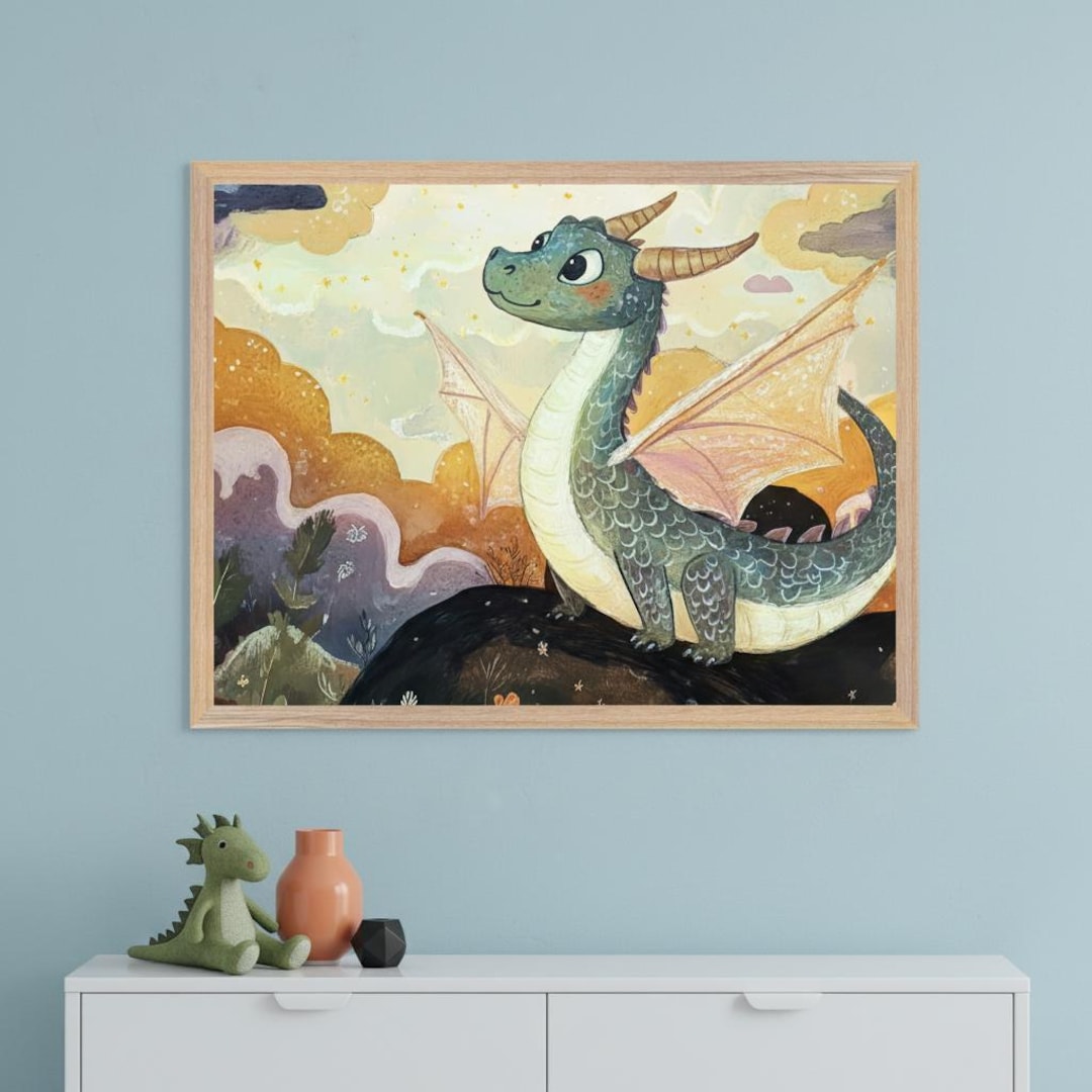 Dragon Wall Art Whimsical Nursery Decor, Cute Green Dragon Illustration ...