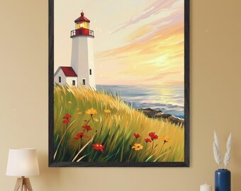 Lighthouse Coastal Sunset Wall Art, nautical beach house decor, ocean landscape digital print, seaside wildflower illustration, maritime art
