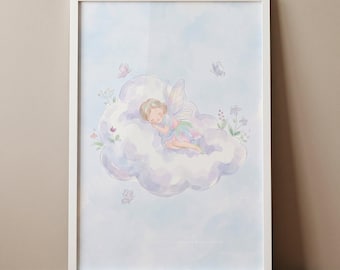 Sleeping Purple Cloud Fairy Wall Art, whimsical watercolor nursery decor, enchanted garden art, pastel butterfly print, baby shower gift