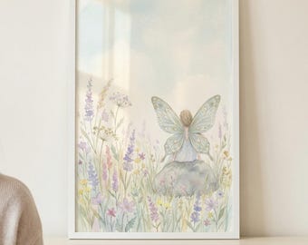 Pastel Butterfly Wing Fairy Wall Art, Whimsical Wildflower Nursery Decor, Enchanted Forest Watercolor Illustration, Cottagecore Sprite Print