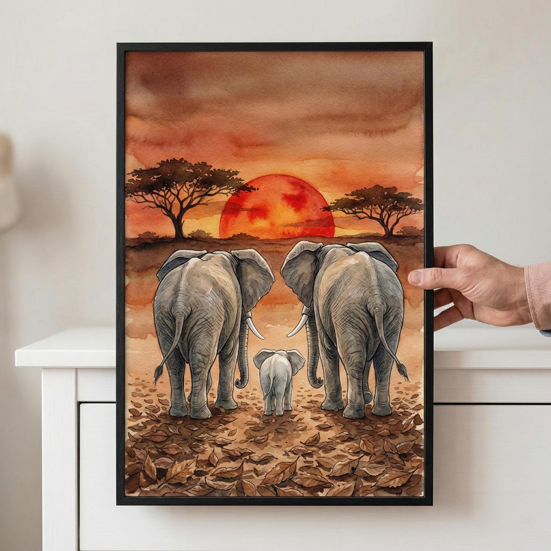 Elephant Family Warm Sunset Wall Art, African Savanna Nursery Decor ...