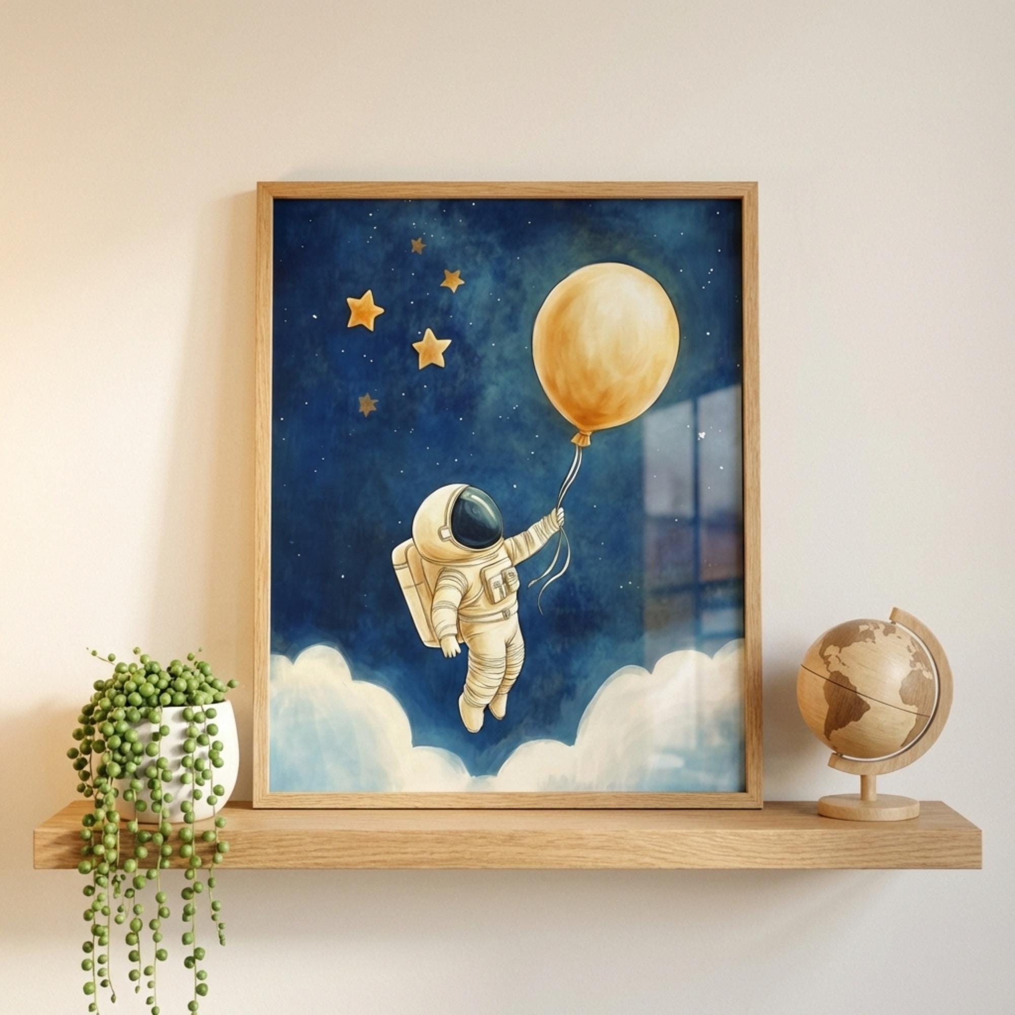 Astronaut Framed Wall Art: Playful Space Scene, Nursery Decor