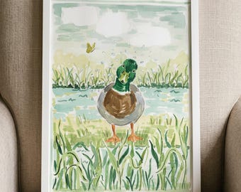Watercolor Splashing Mallard Duck Wall Art, Duck Pond Nursery Decor, Wildlife Nature Illustration, Mallard Drake Print, Lake House Decor