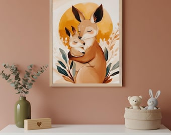 Jody O'Meara　ウォールアート　キャンバスプリント　ココペリ Kangaroo and Joey Watercolor Nursery Art Wall, Australian Animal