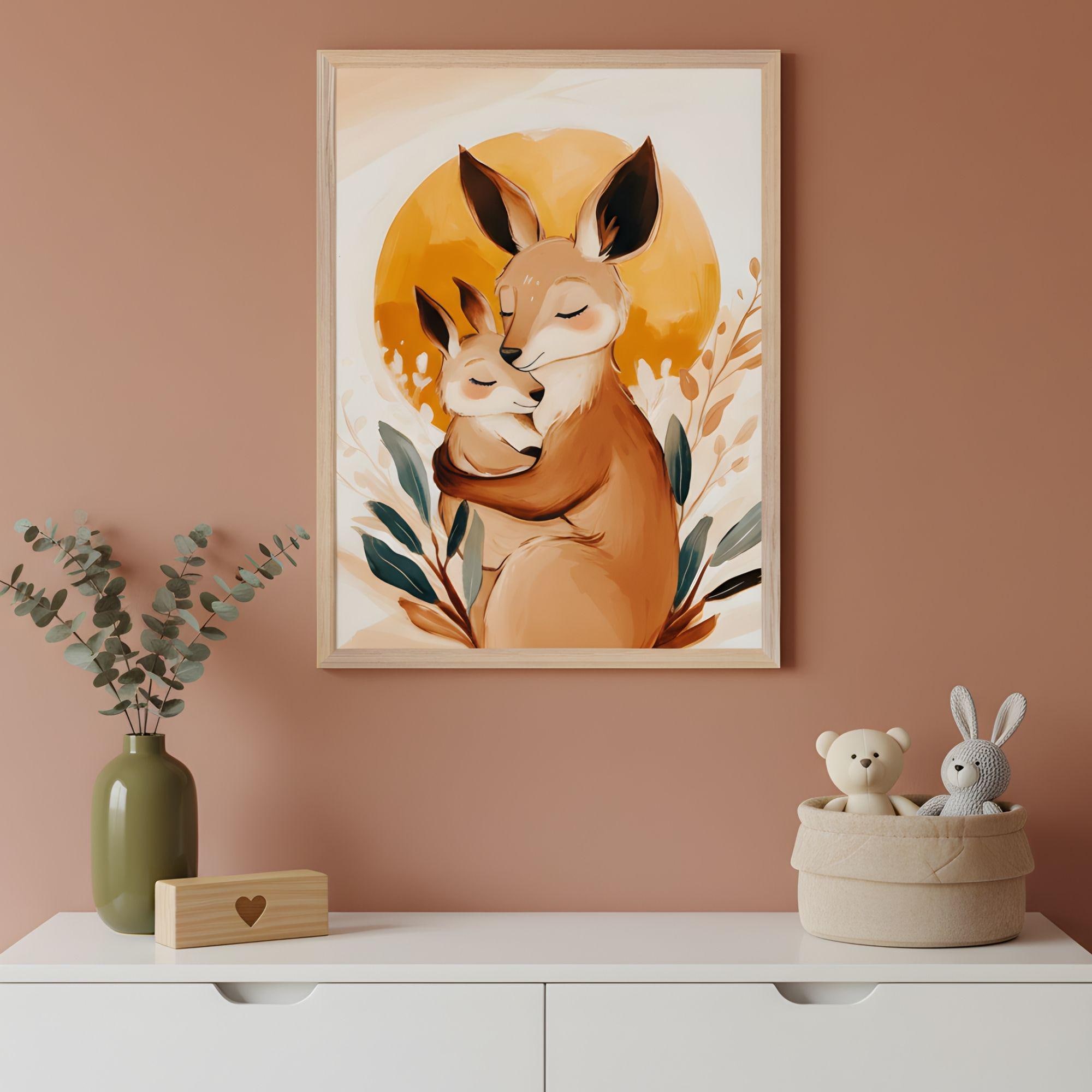 Kangaroo and Joey Watercolor Nursery Art Wall, Australian Animal