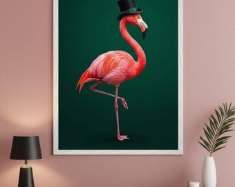 Pink Flamingo Wearing Top Hat Wall Art, Dapper Bird Illustration, Whimsical Animal Portrait, Surreal Flamingo Decor, Quirky Animal Print