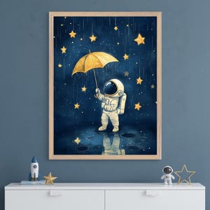 Astronaut Framed Wall Art: Star Trail Journey with Golden Stars, Nursery Decor