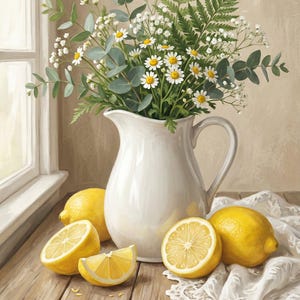 A white ceramic pitcher filled with a lush arrangement of daisies, delicate white blossoms, eucalyptus sprigs, and green ferns. It rests on a rustic wooden table beside a window. Several vibrant yellow lemons, some sliced in half or wedges, are scatt
