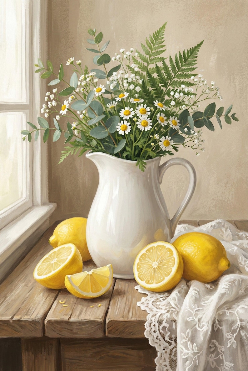 A white ceramic pitcher filled with a lush arrangement of daisies, delicate white blossoms, eucalyptus sprigs, and green ferns. It rests on a rustic wooden table beside a window. Several vibrant yellow lemons, some sliced in half or wedges, are scatt