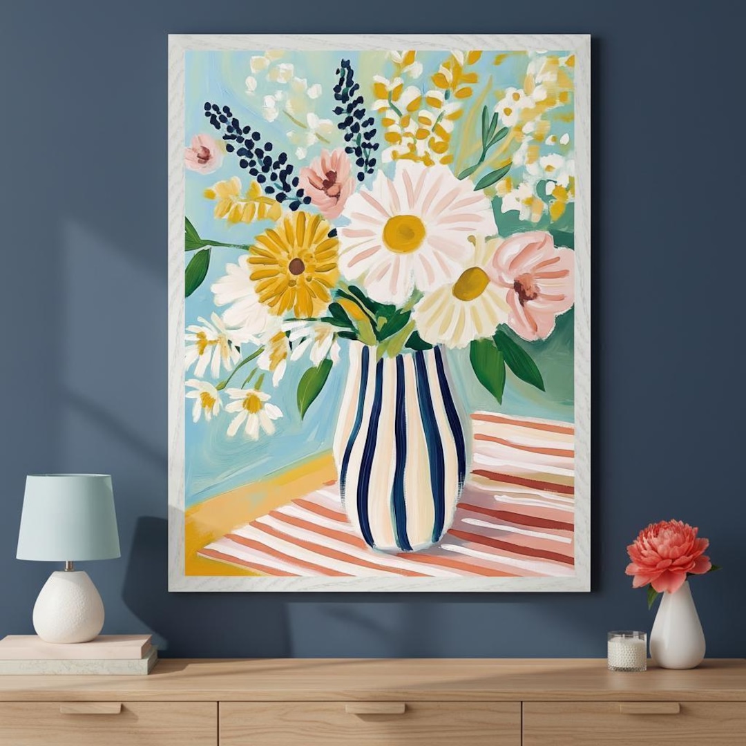 Floral Bouquet Vibrant Wall Art, Striped Vase Flower Print, Modern ...