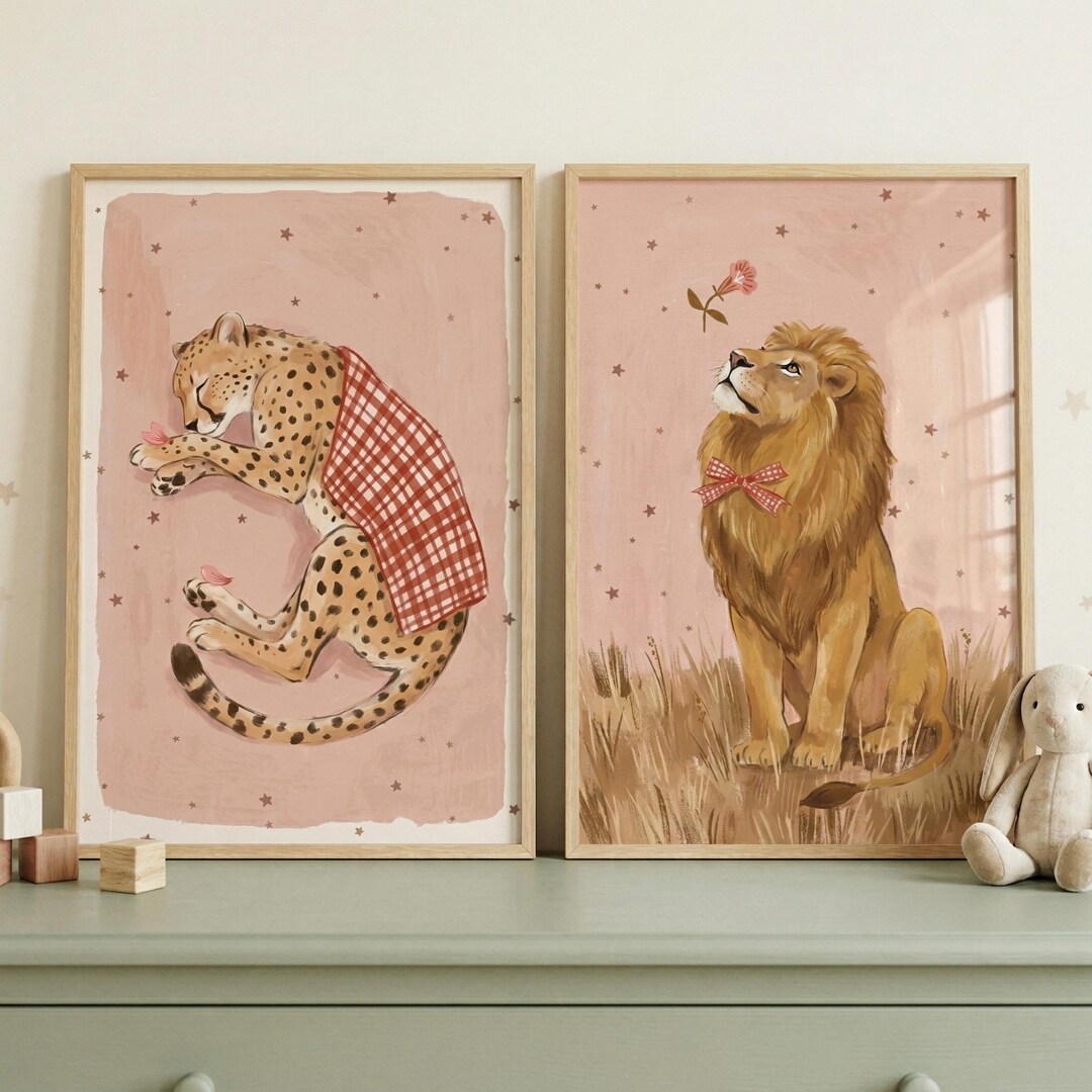 Starry Pink Big Cat Wall Art Set of 2, Cheetah Lion Nursery Decor ...