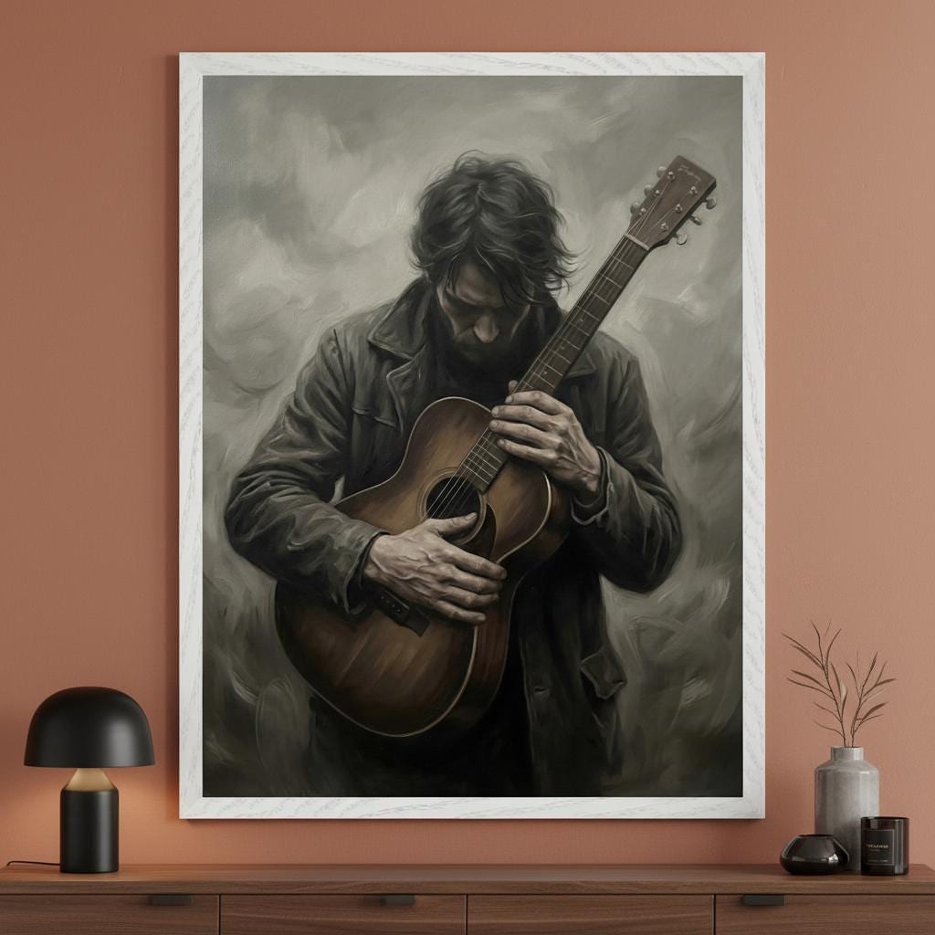 Folk Musician Moody Sepia Tones Wall Art, Acoustic Guitar Player