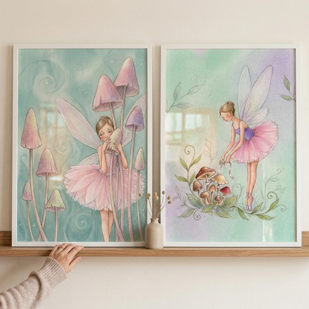 Fairy Mushroom Wall Art, Whimsical Nursery Decor, Set of 2 Fairy Prints ...