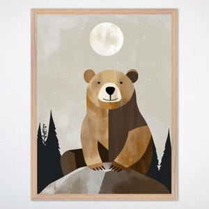 Bear Moon Woodland Nursery Wall Art - Framed Poster or Canvas, Forest Animal Print, Neutral Kids Room Decor, Nature Theme, Wildling Wonders
