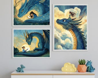 Dragon Print for Girls Room - Set of 3, blue dragon wall art, whimsical storybook nursery decor, magical creature art, fairytale bedroom art