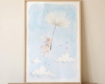 Dandelion Puff Flying Fairy Wall Art, whimsical nursery decor, watercolor girl room illustration, magical sprite print, cottagecore art