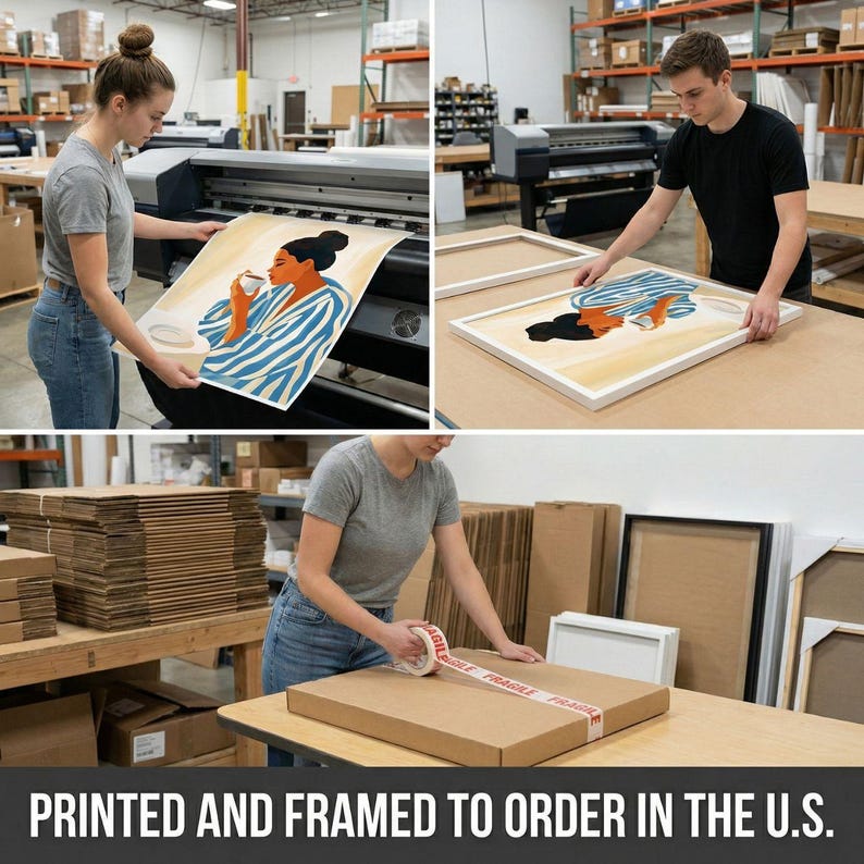 The image is a collage of three photos depicting the process of printing and framing a piece of artwork.