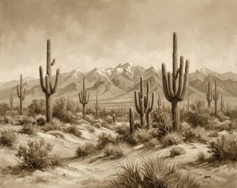 K1276 Vintage 1960's メキシカン 砂漠 アート 風景画 Desert Landscape Sepia Tone Wall Art, Saguaro Cactus Print
