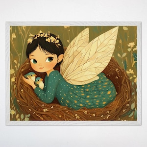 Fairy and Birds Nursery Print: Whimsical Woodland Canvas or Framed Poster