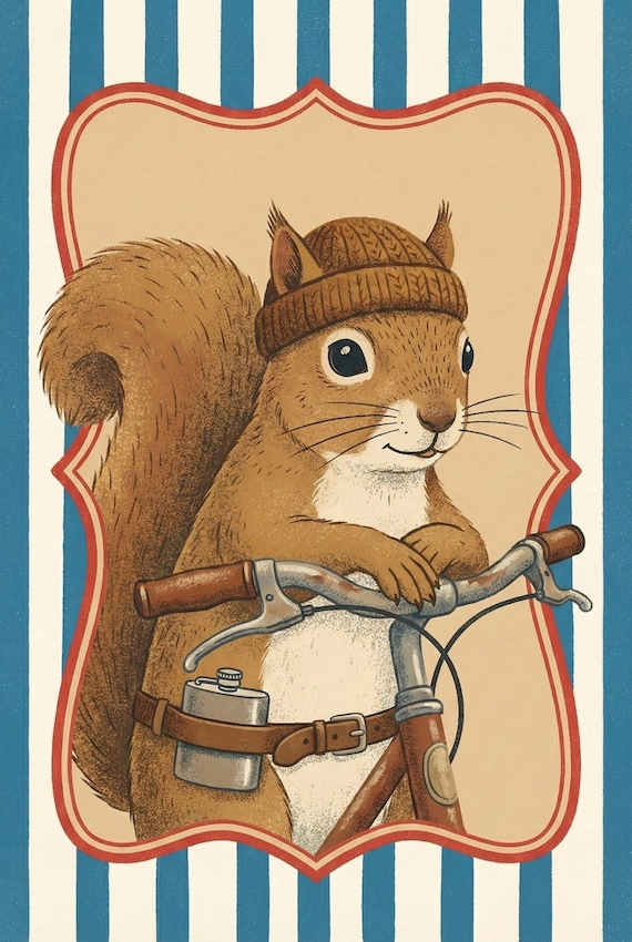 Anthropomorphic Woodland Squirrel Retro Hipster Wall Art, Cycling