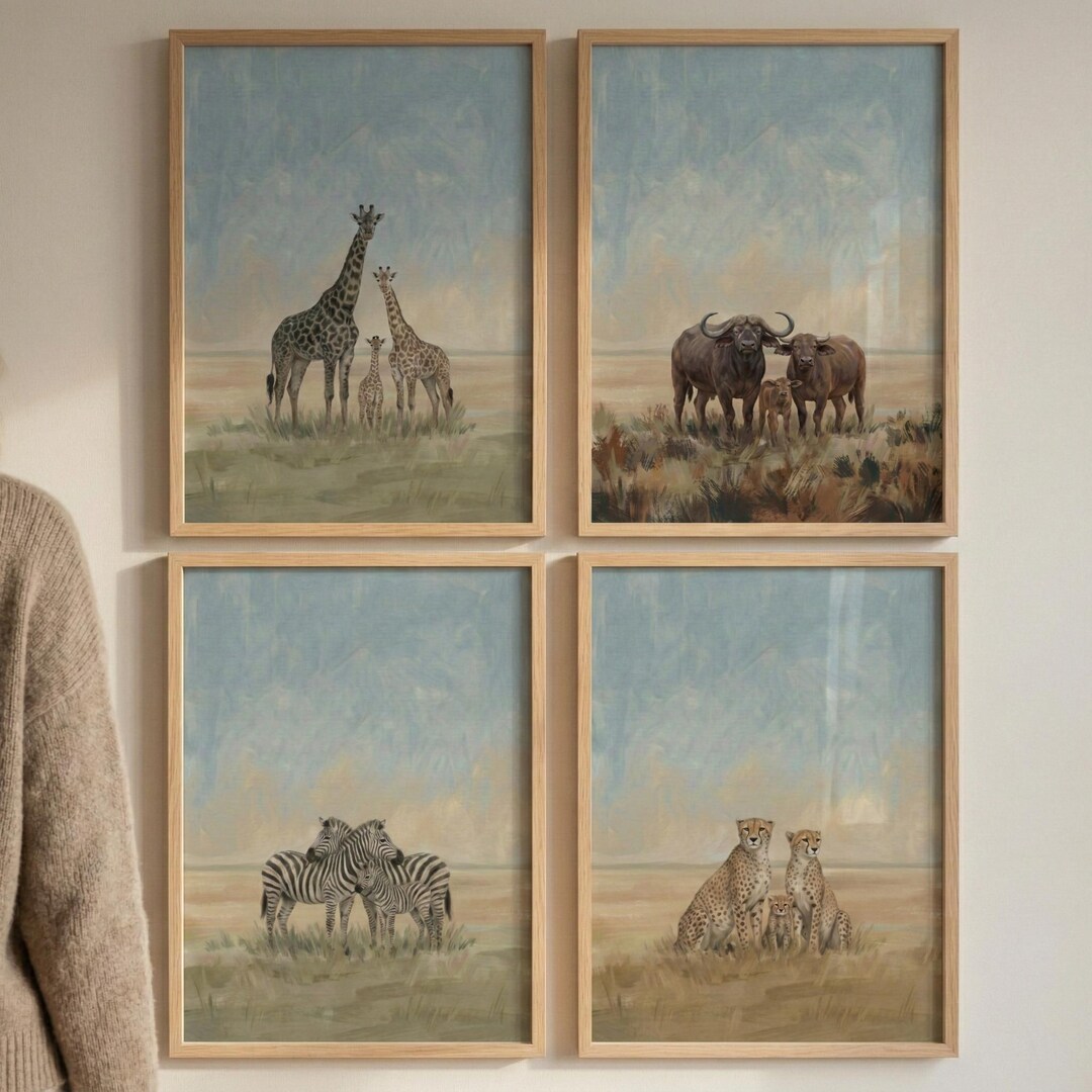 Wildlife Parent Baby Family Wall Art Set of 4, African Safari Nursery ...