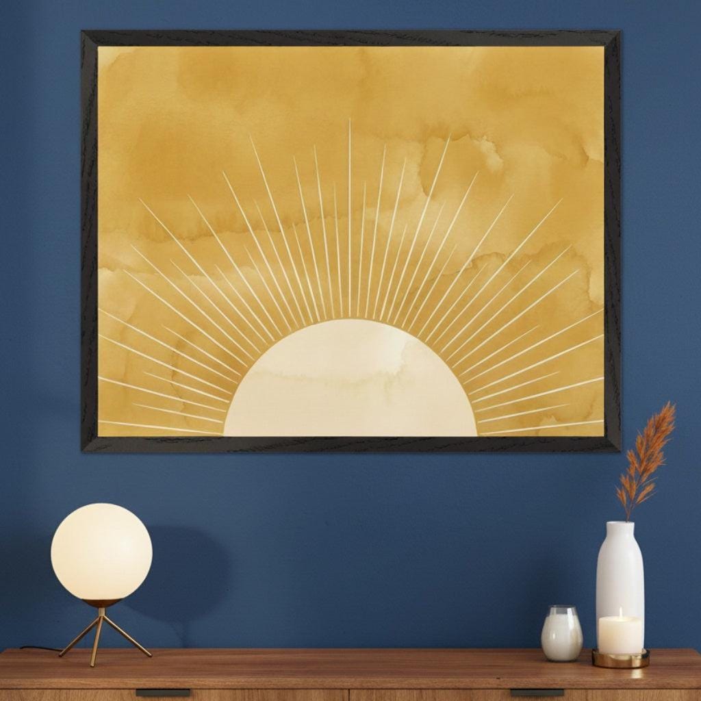 Radiating Golden Sunburst Living Room Wall Art, Minimalist Boho