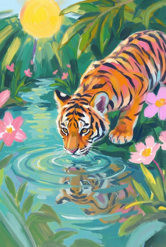 Drinking Water Jungle Tiger Wall Art, Colorful Tropical Animal
