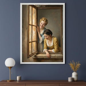 Two Women Laughing At A Window Wall Art, vintage sisterhood print, classical portrait decor, historical feminine art, regency home decor