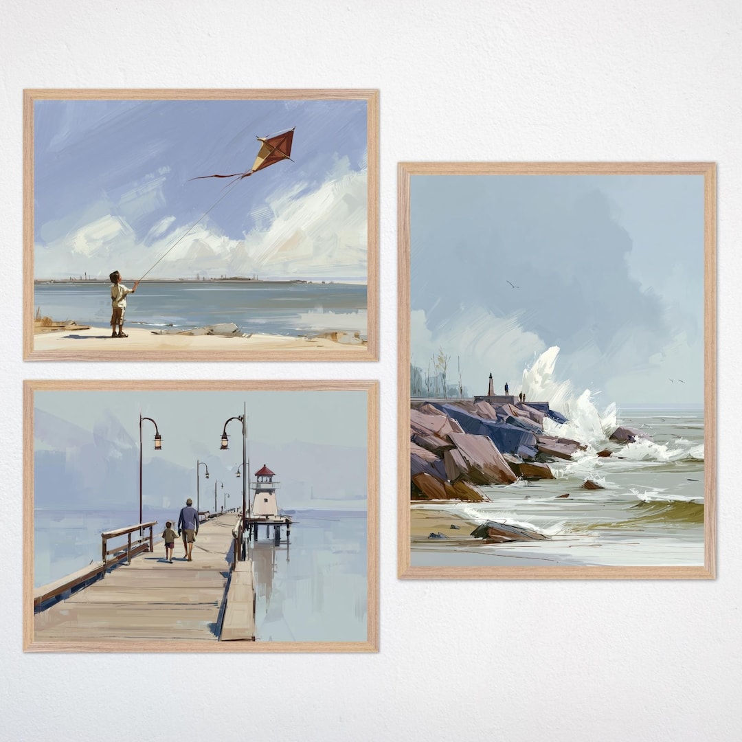 Coastal Beach Wall Art - Set of 3, Seascape Digital Art Prints ...