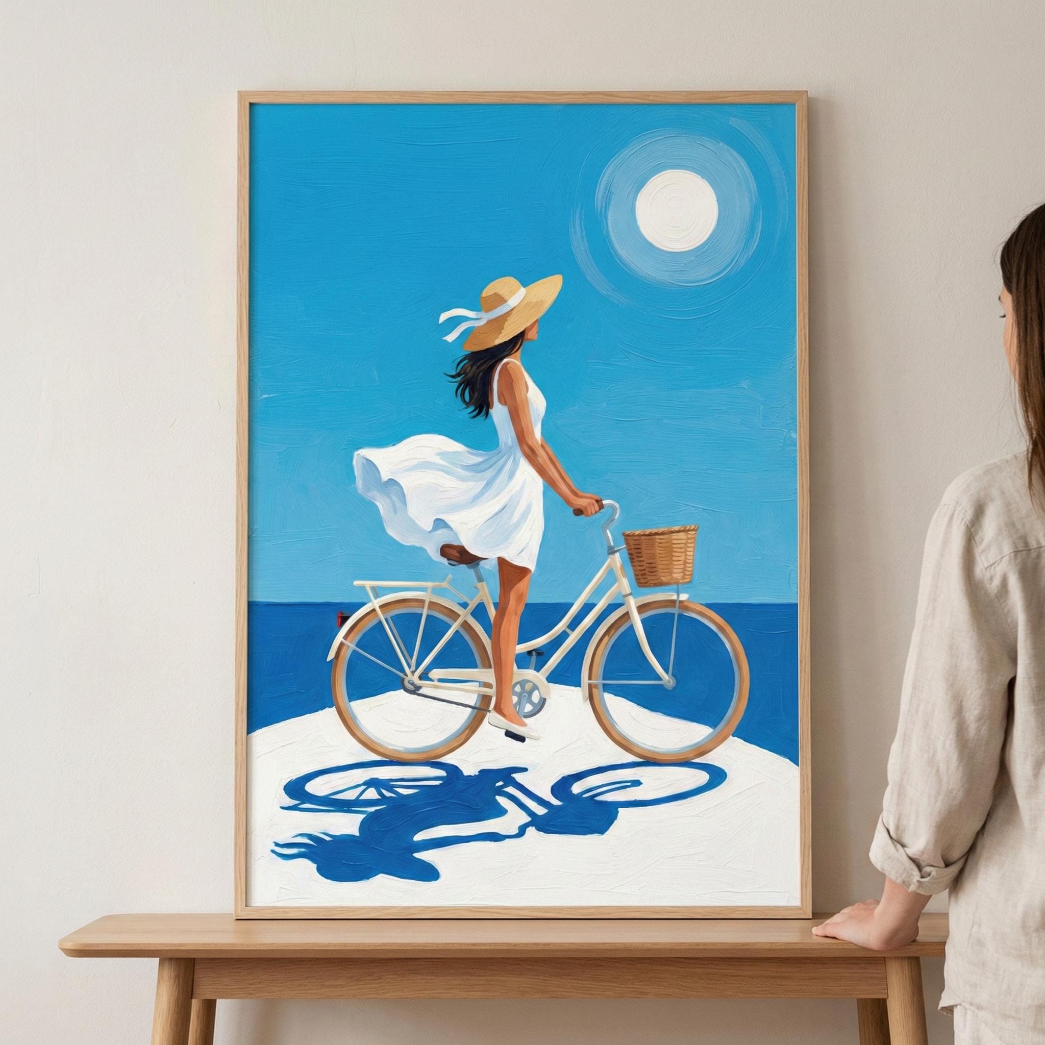 Woman on Bicycle Coastal Summer Breeze Wall Art, White Dress Beach