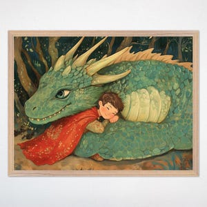 Póster enmarcado de niño durmiendo con un dragón, decoración de fantasía para habitación infantil.