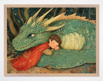 Dragon Nursery Wall Art, Boy Sleeping with Gentle Dragon Framed Poster, Whimsical Fantasy Kids Room Decor
