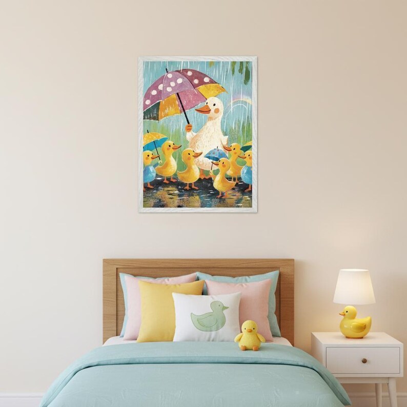 Mother Duck With Her Ducklings Wall Art, Nursery Rainy Day Decor, Whimsical Childrens Room Print, Cute Duck Illustration image 3
