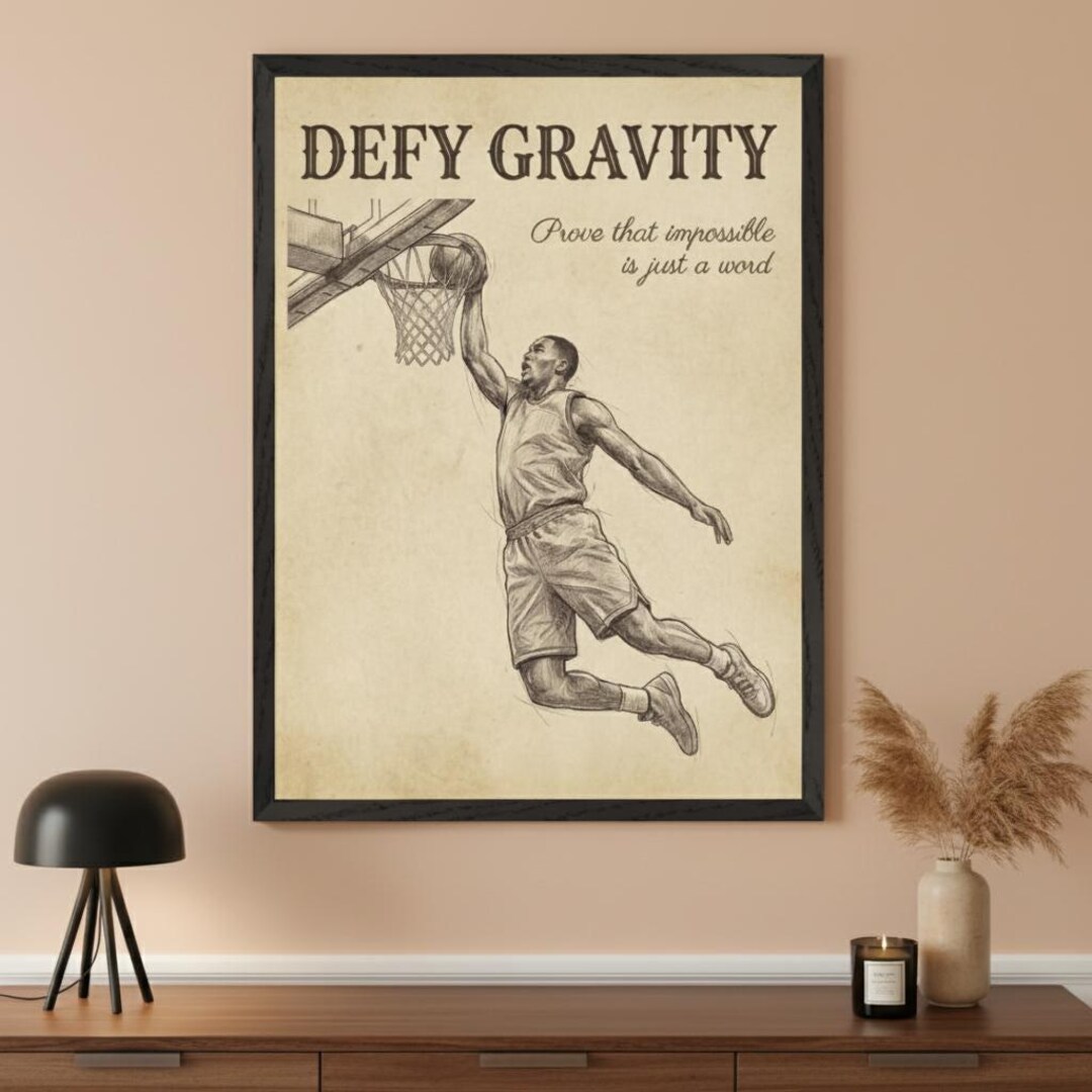 Basketball Player Dunking Vintage Pencil Sketch Wall Art, Defy Gravity ...