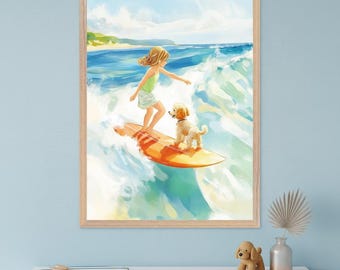 Surfer Girl Wall Decor, girl surfing with dog art, coastal nursery watercolor print, beach house kids room decor, poodle surf illustration