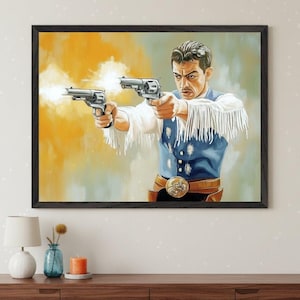 Western Gunslinger Framed Wall Art, Cowboy Firing Revolvers