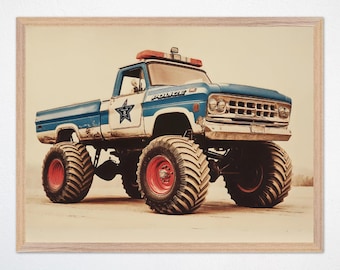 Police Monster Truck Wall Art Canvas, Blue Truck Kids Room Decor, Boys Playroom Poster, Cool Vehicle Nursery Framed Art, Truck Lover Gift