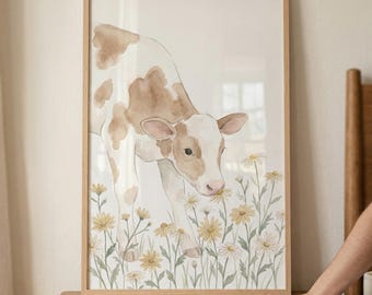Watercolor Daisy Spotted Cow Wall Art, Farmhouse Nursery Decor, Brown White Calf Illustration, Floral Farm Animal Print, Cottagecore Cow Art