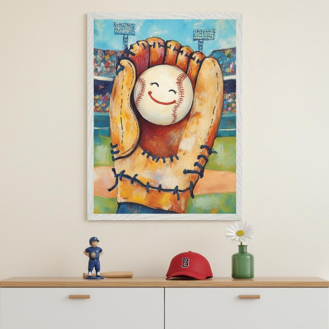 Baseball Glove Colorful Sports Illustration Wall Art, Smiling Baseball ...