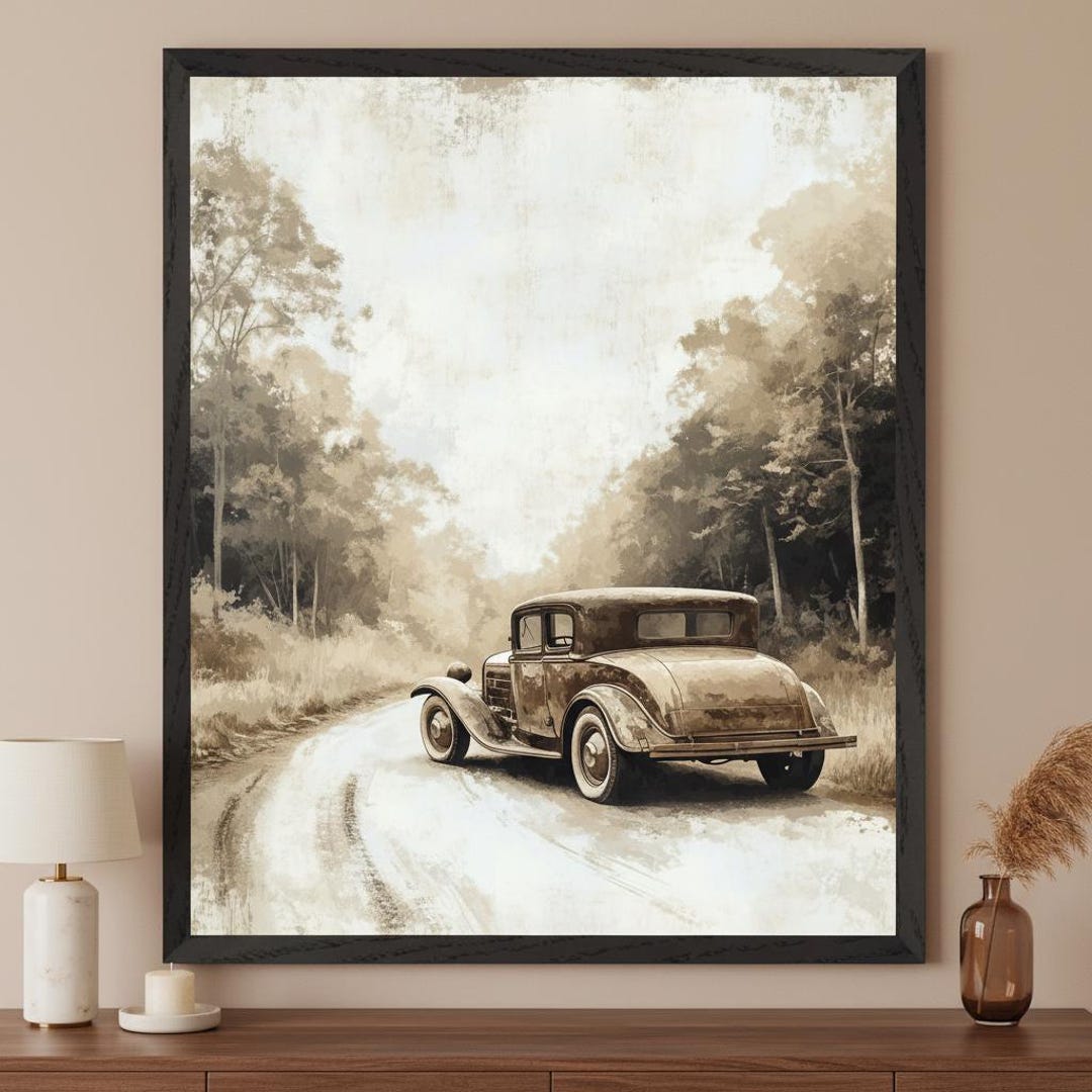 Vintage Car Sepia Tones Wall Art, Rustic Antique Automobile