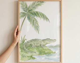 Smiling Green Alligator Wall Art, Nursery Animal Decor, Watercolor Jungle Art, Tropical Safari Kids Room, Cute Crocodile Print, Reptile Art