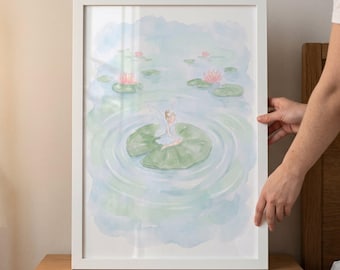 Lily Pad Fairy Wall Art, Whimsical Pond Nursery Decor, Watercolor Fairy Illustration, Magical Water Lily Print, Pastel Sprite Art Decor