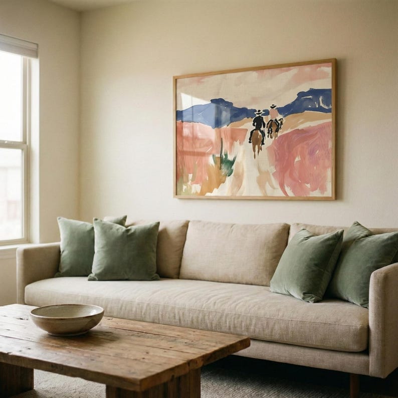 Western Cowboy Wall Art, Desert Landscape Print, Southwestern Decor, Horse Rider Illustration, Abstract Boho Poster, Ranch House Decor afbeelding 3