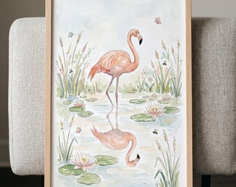 Water Lily Pink Flamingo Wall Art, Tropical Bird Nursery Decor, Watercolor Pond Illustration, Pastel Flamingo Print, Botanical Lake Scene