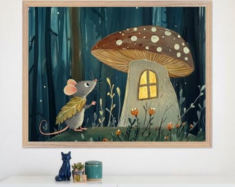 Mouse and a Mushroom House Wall Art, Woodland Nursery Decor, Whimsical Forest Illustration, Cottagecore Animal Decor, Enchanted Forest Art