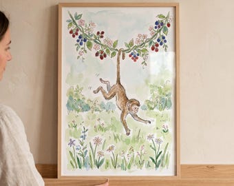 Berry Vine Hanging Monkey Wall Art, Watercolor Nursery Decor, Whimsical Animal Illustration, Jungle Playroom Print, Wildflower Meadow Art