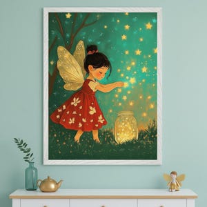 Fairy Girl Whimsical Fantasy Art Wall, Enchanted Star Jar Nursery Decor, Magical Sprite Illustration, Forest Fairy Tale Print, Pixie Art